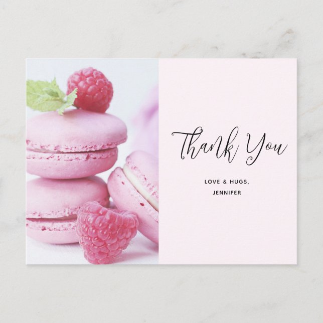 Postal Macarons rosados y frambuesas rojas Gracias (Anverso)