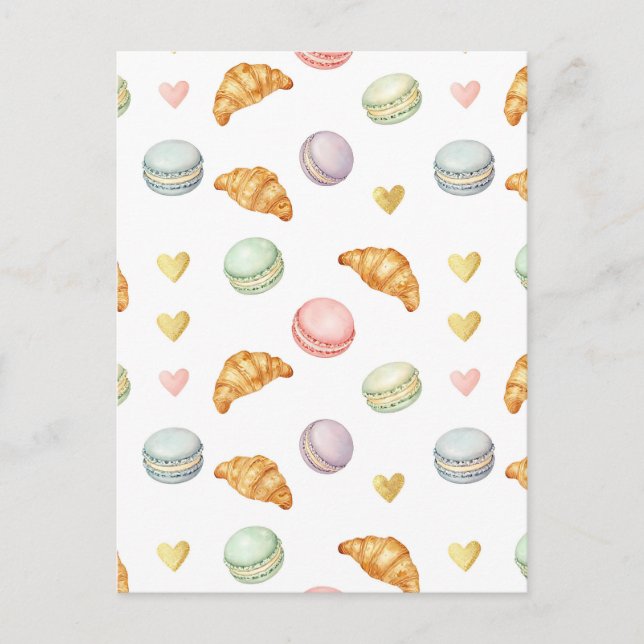 Postal Macarons y Croissants Pastel Patrón Continuo (Anverso)