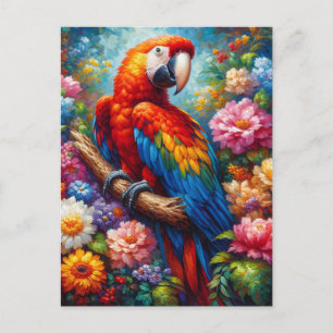Postal Macaw con flores coloridas