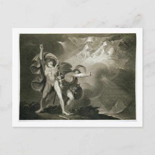 Postal Macbeth, Banquo y las tres brujas en la salud (Anverso)