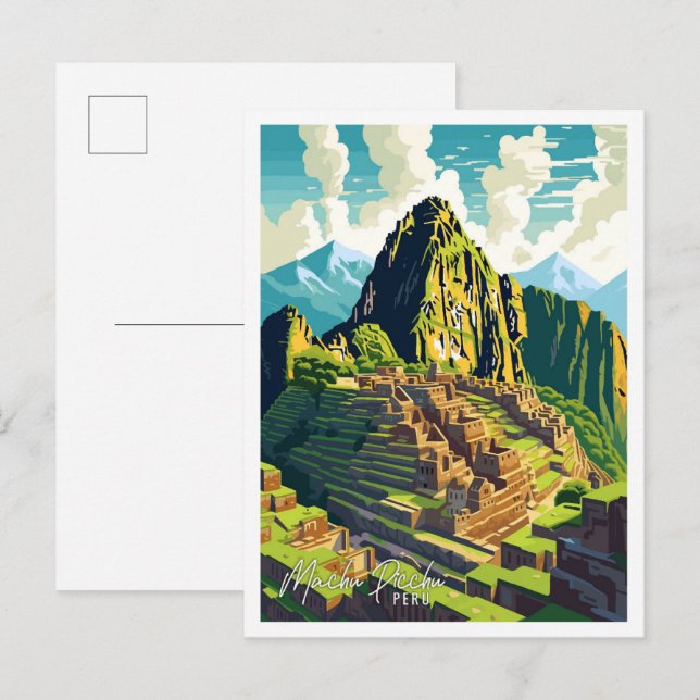 Postal Machu Picchu ilustracion de viaje artístico vintag (Anverso / Reverso)