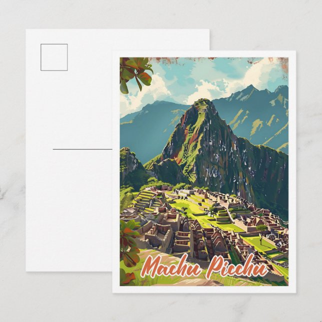 Postal Machu Picchu Perú Ilustracion de viajes artísticos (Anverso / Reverso)