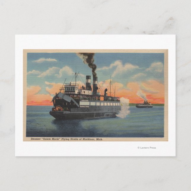 Postal Mackinac, MI - Vista de Sainte Marie Steamer (Anverso)