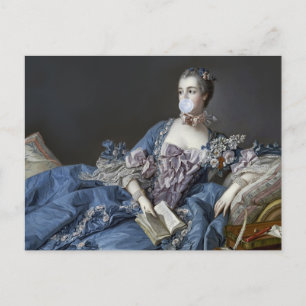 Postal Madame de Pompadour soplando un chicle azul