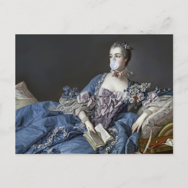 Postal Madame de Pompadour soplando un chicle azul (Anverso)