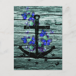 Postal Madera de época y Anclaje Negro Con Mariposas Azul