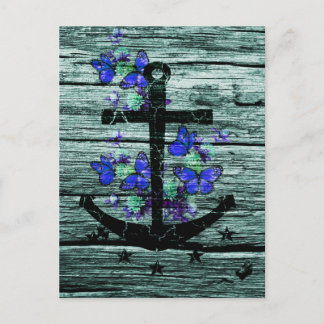 Postal Madera de época y Anclaje Negro Con Mariposas Azul