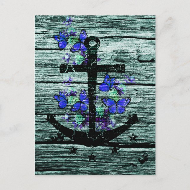 Postal Madera de época y Anclaje Negro Con Mariposas Azul (Anverso)
