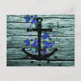 Postal Madera de época y Anclaje Negro Con Mariposas Azul