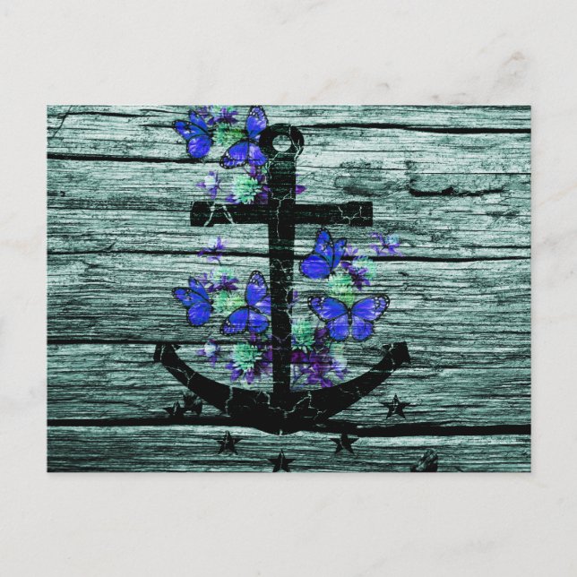 Postal Madera de época y Anclaje Negro Con Mariposas Azul (Anverso)