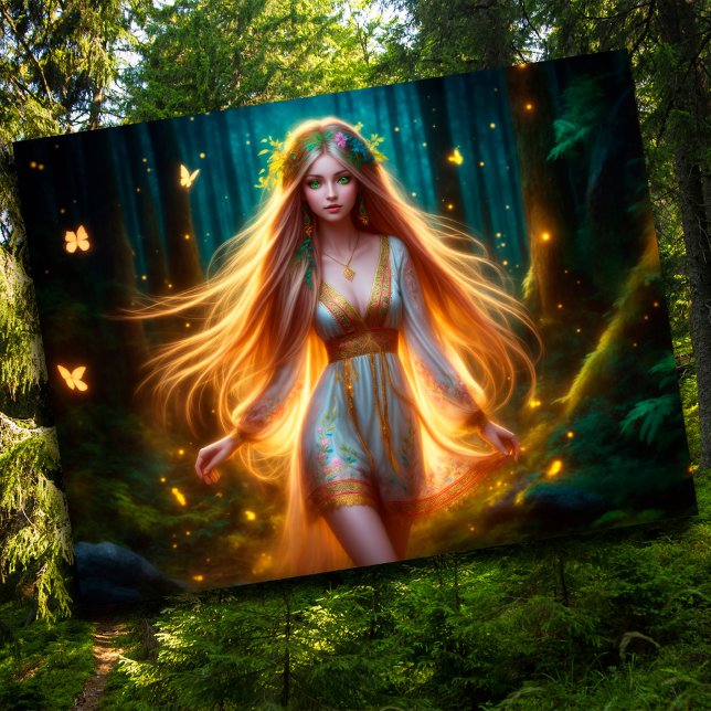 Postal Madera ninfa hada chica oro brillante bosque flora (Subido por el creador)
