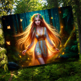 Postal Madera ninfa hada chica oro brillante bosque flora