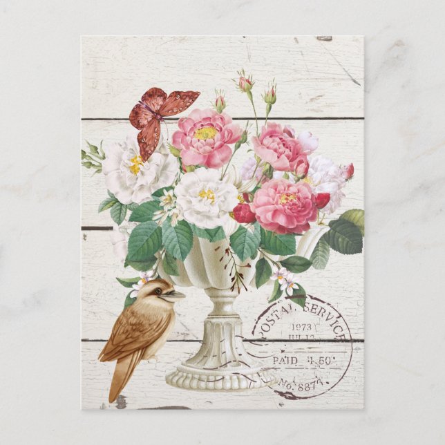 Postal Madera rústica moderna con flores Obra de arte bot (Anverso)