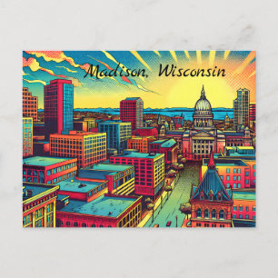 Postal Madison, línea aérea de Wisconsin City al atardece