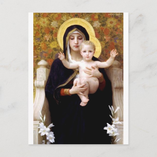 Postal Madona con lirios pintura antigua de Bouguereau (Anverso)