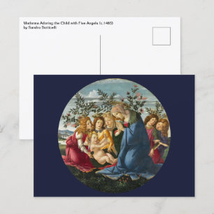Postal Madonna Adorando al niño con 5 ángeles Botticelli