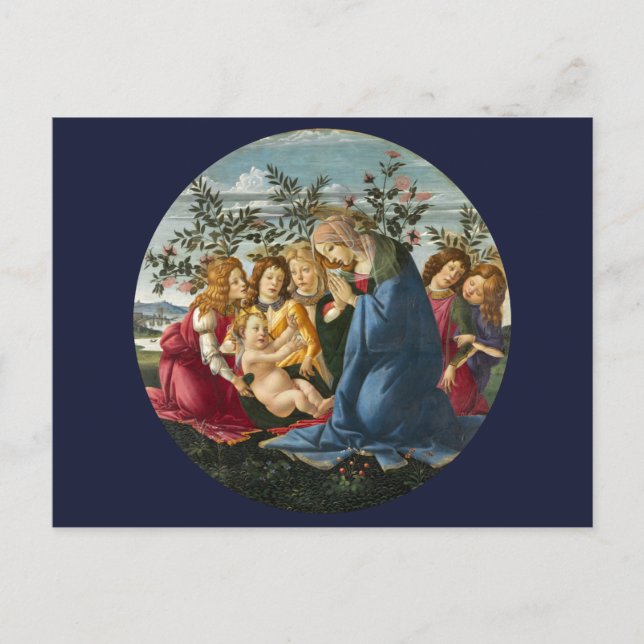 Postal Madonna Adorando al niño con 5 ángeles Botticelli (Anverso)