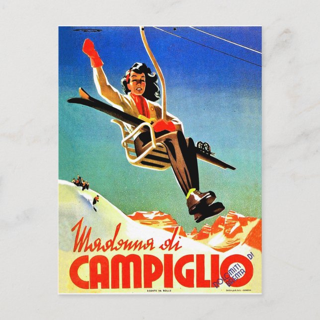 Postal Madonna di Campiglio, mujer en remonte, cosecha (Anverso)