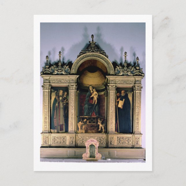Postal Madonna, niño y santos (retablo triptaco) (Anverso)