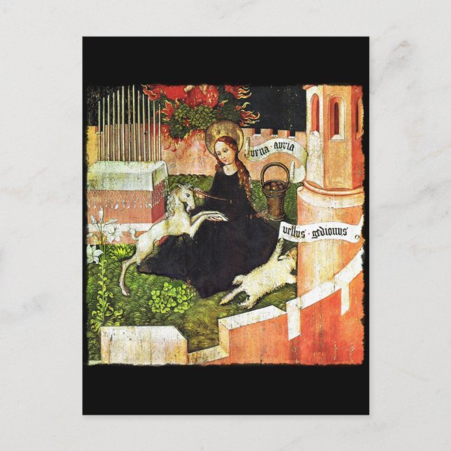 Postal Madonna sostiene unicornio blanco (Anverso)