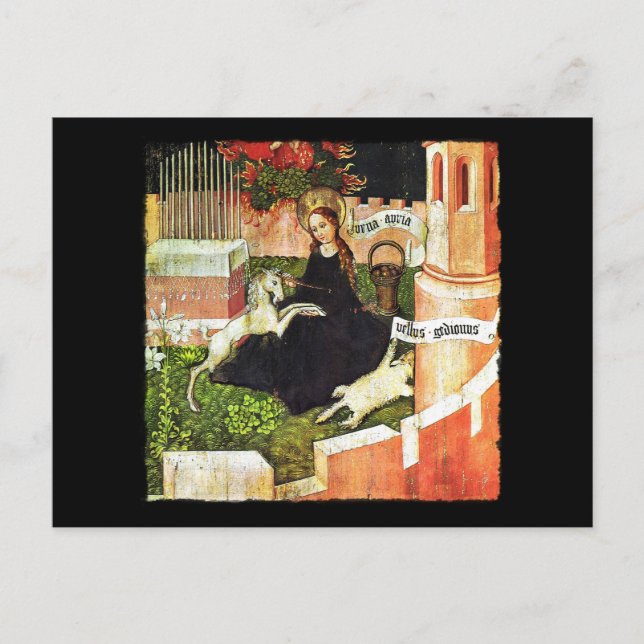 Postal Madonna sostiene unicornio blanco (Anverso)