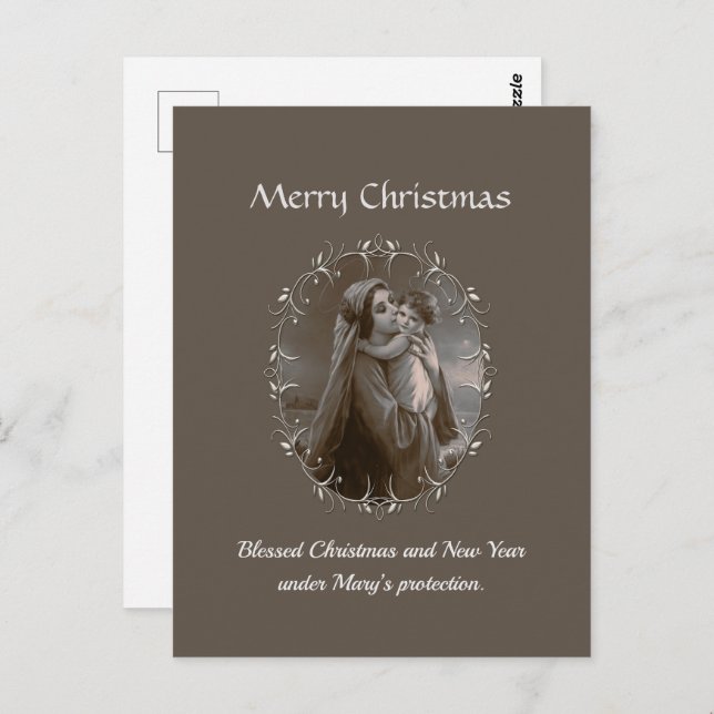 Postal Madonna vintage y niño con marco plateado (Anverso / Reverso)