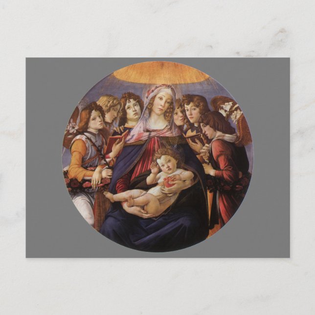 Postal Madonna y niño con ángeles por Sandro Botticelli (Anverso)