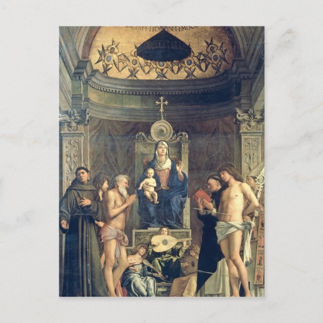 Postal Madonna y niño entronizados entre SS. Francis, J (Anverso)