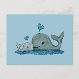 Postal Madre ballena y bebé nadando en el mar