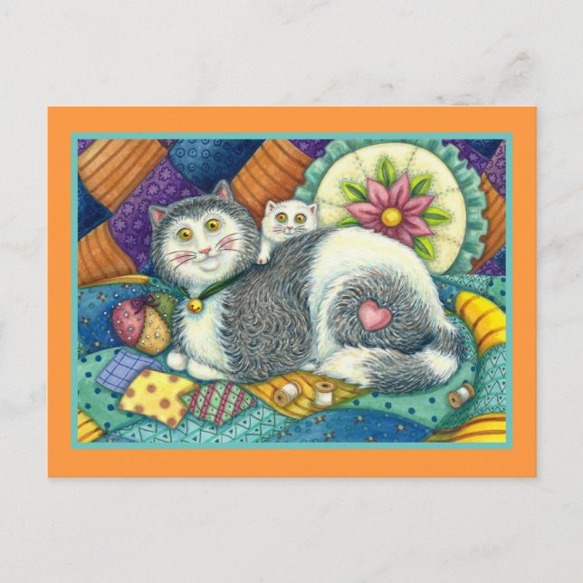 POSTAL MADRE CAT & KITTEN, COLCHONETAS, PINCUSIÓN (Anverso)