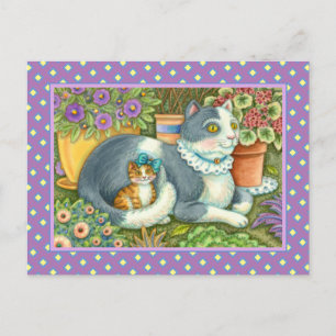 POSTAL MADRE CAT Y KITTEN, FLORES DE PUNTO, BOWS Y LACE