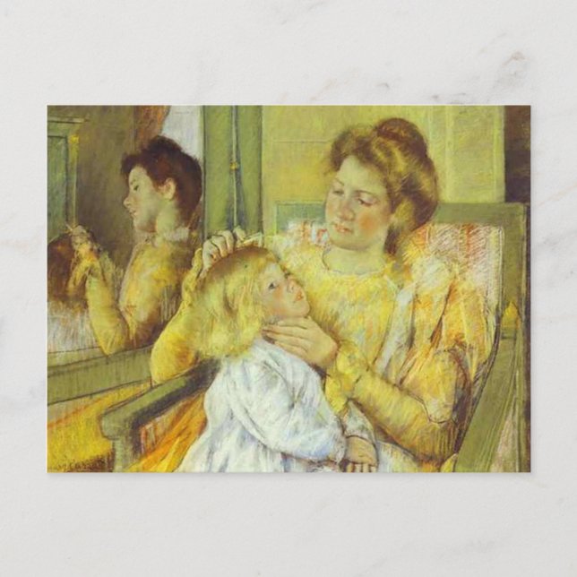 Postal Madre cubriendo el pelo de su hijo. 1901, Mary Cas (Anverso)