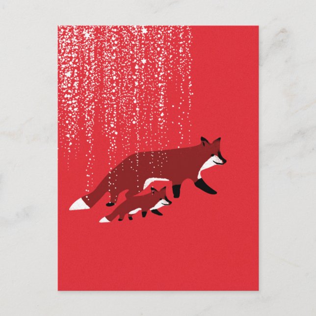Postal Madre de Fox y bebé caminando bajo la nieve (Anverso)