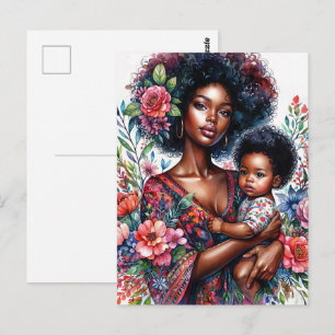 Postal Madre e Hija Afro Negra Floral Acuarela