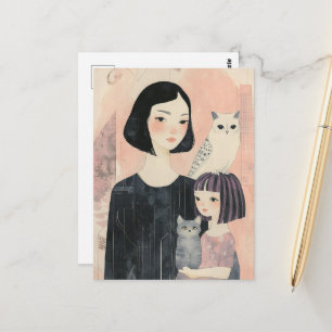 Postal Madre e hija con gato y búho gato