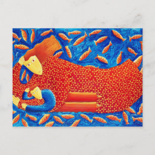 Postal Madre e hijo con pintura de arte moderno de peces 