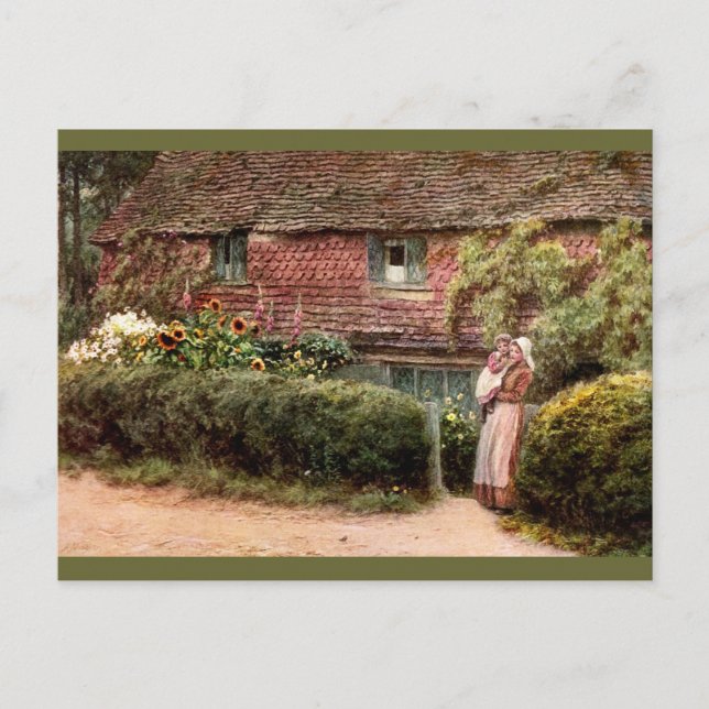 Postal Madre e hijo de cabaña rosada (Anverso)