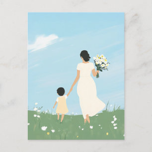 Postal Madre e hijo en un prado floreciente