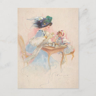 Postal Madre e hijo vintage tomando té