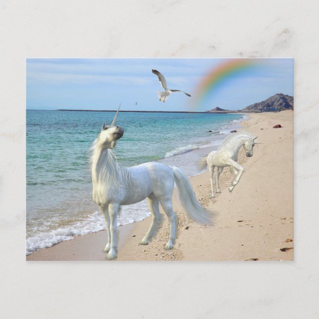 Postal Madre encantada Unicornio y bebé en la playa (Anverso)