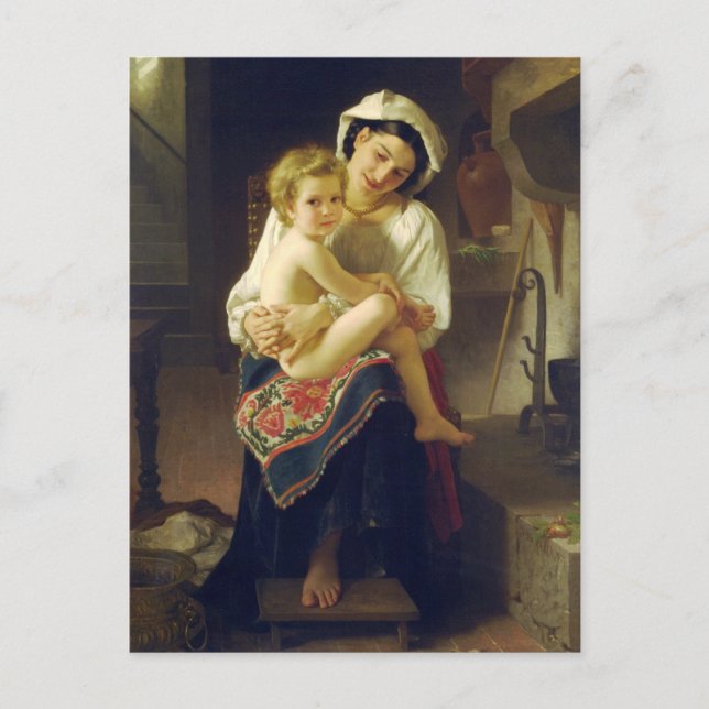 Postal Madre joven mirando al niño por Bouguereau (Anverso)