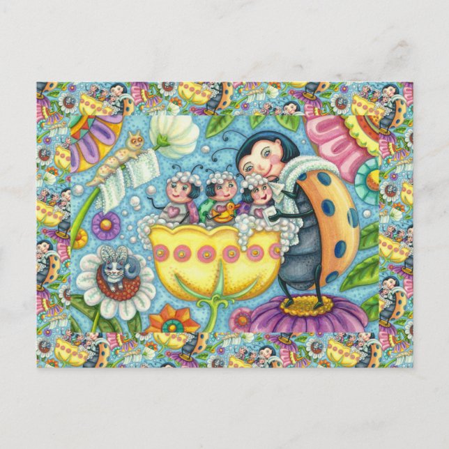 POSTAL MADRE LADYBUG Y NIÑOS, BAÑO DE BURBUJA DE TULIP (Anverso)