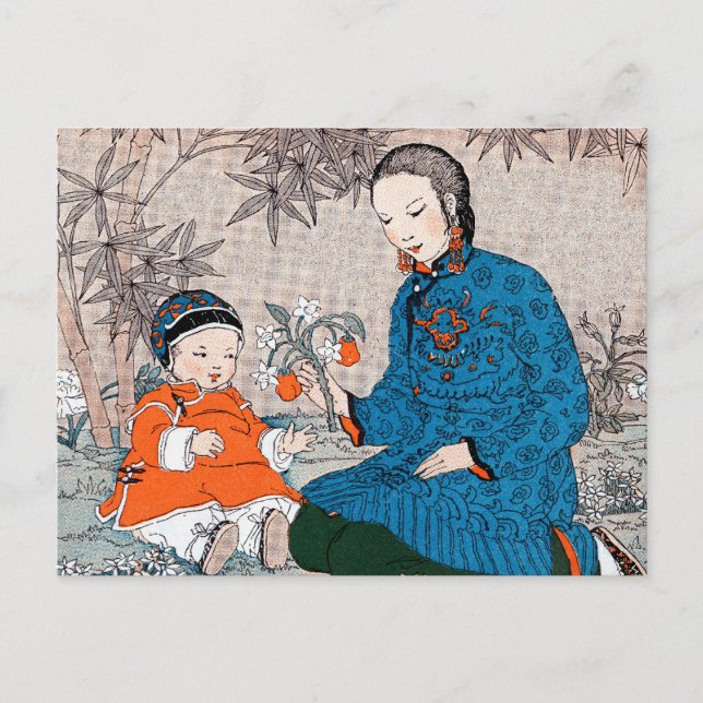 Postal Madre madre asiática ventilado, flores en el día d (Anverso)