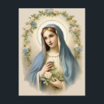 Postal Madre María Católica con flor vintage<br><div class="desc">Con una hermosa imagen de la Santísima Virgen María con acentos florales vintage.</div>