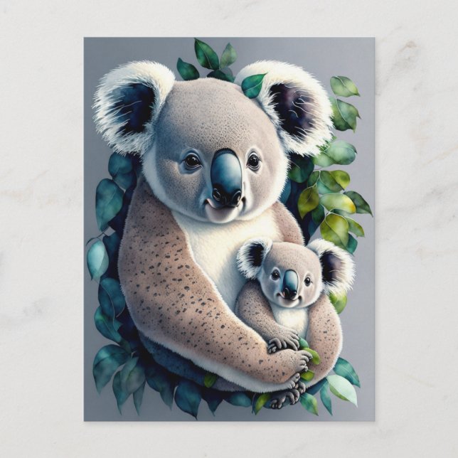 Postal Madre Oso Koala y bebé, acuarela (Anverso)