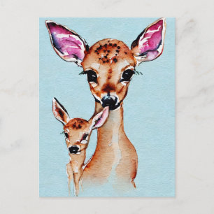 Postal Madre Y Bebé Deer Acuarela Amor Familia