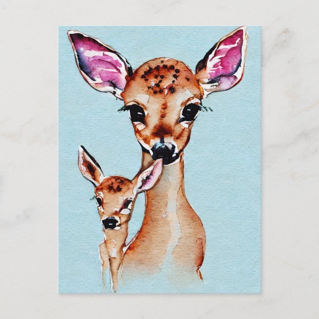 Postal Madre Y Bebé Deer Acuarela Amor Familia (Anverso)