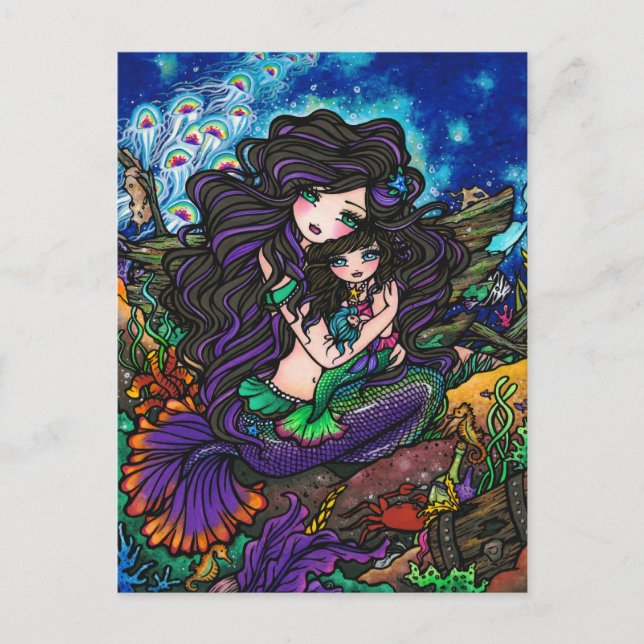 Postal Madre y bebé Mermaid Fantasy Marine Art Postcard (Anverso)