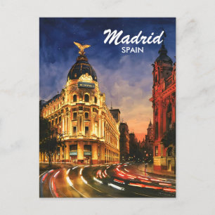 Postal Madrid España Gran Vía Noche Paisaje Urbano Acuare