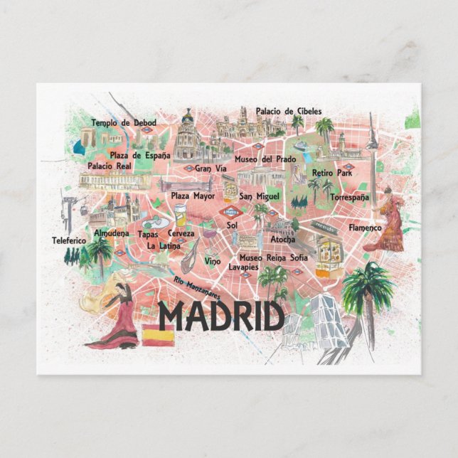 Postal Madrid España Ilustración Mapa de viajes con carre (Anverso)